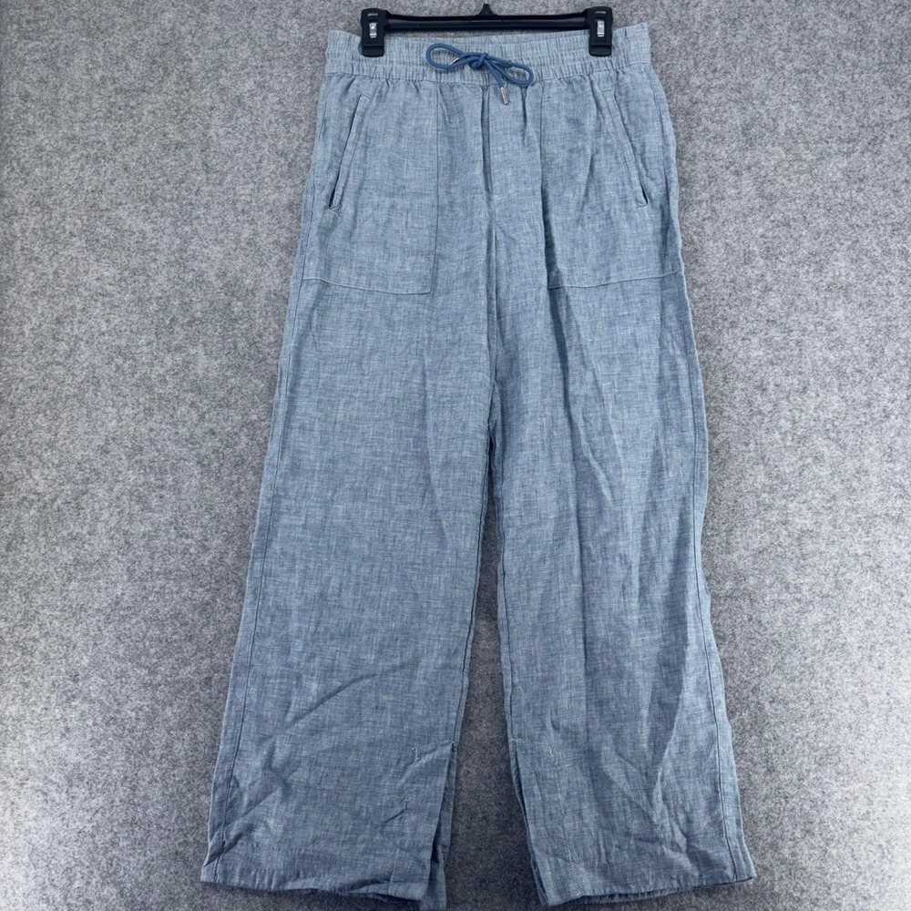 Athleta Women Blue 100% Linen Wide Leg Drawstring Crop Pants Size 6